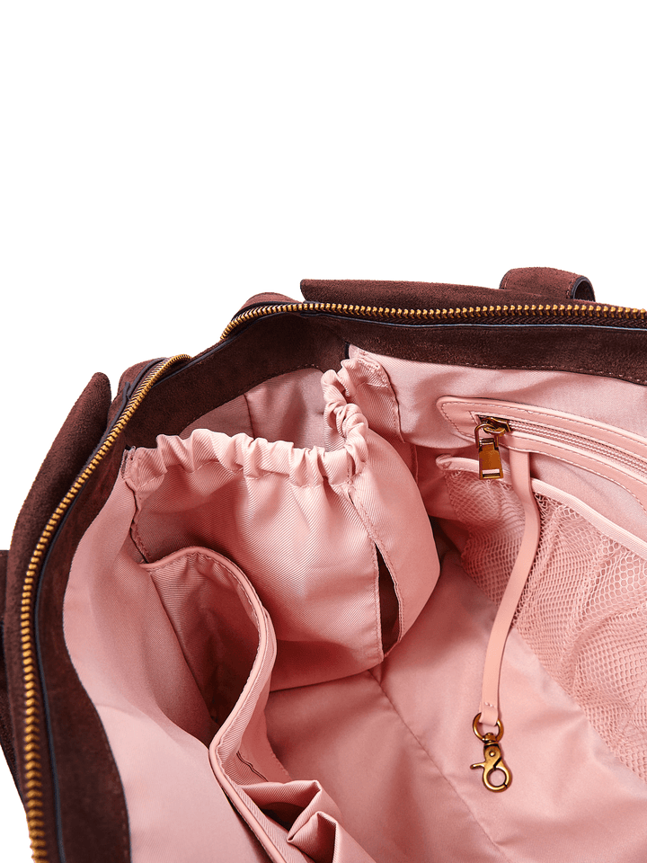 Poppy & Peonies Effortless Tote in Espresso Suede interior close-up, highlighting elasticized compartments, zippered pocket, mesh pocket and key leash.