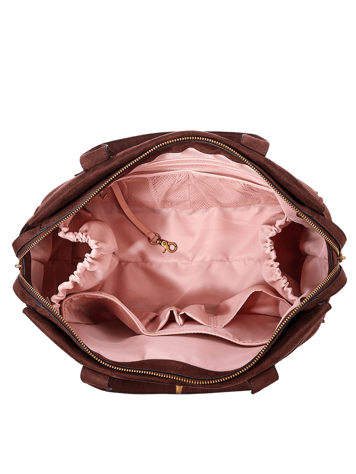 Poppy & Peonies Effortless Tote in Espresso Suede open top view, showcasing the spacious blush-pink lined interior with multiple organizational pockets.