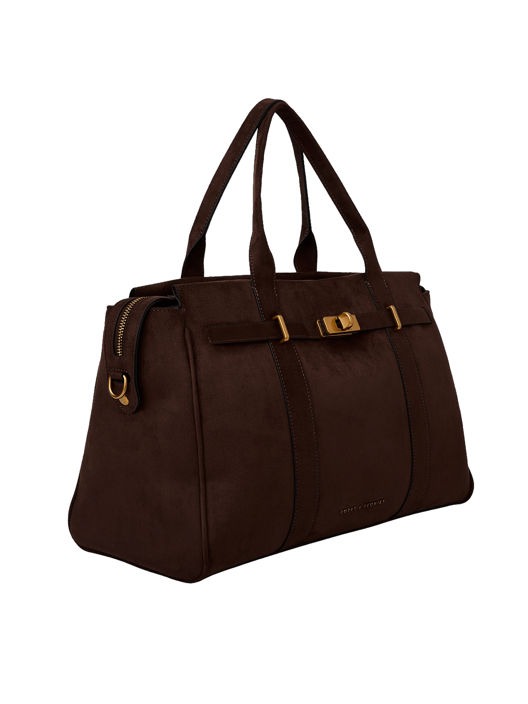 Poppy & Peonies Effortless Tote in Cognac Suede angled side view, highlighting the structured silhouette, top handles and gold-tone hardware.