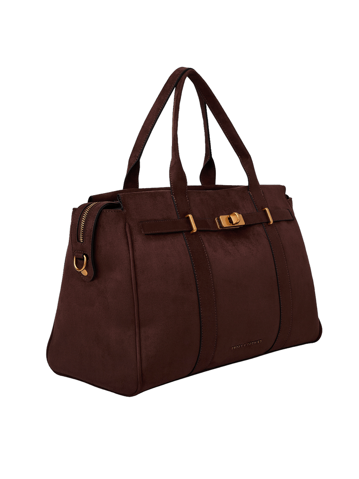 Poppy & Peonies Effortless Tote in Espresso Suede angled side view, highlighting the structured silhouette, top handles and gold-tone hardware.