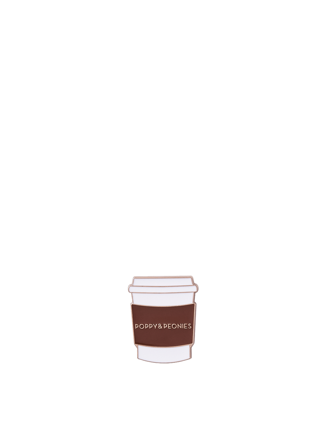 Poppy & Peonies Enamel Pin featuring a takeaway coffee cup with a blush pink lid and brown sleeve.