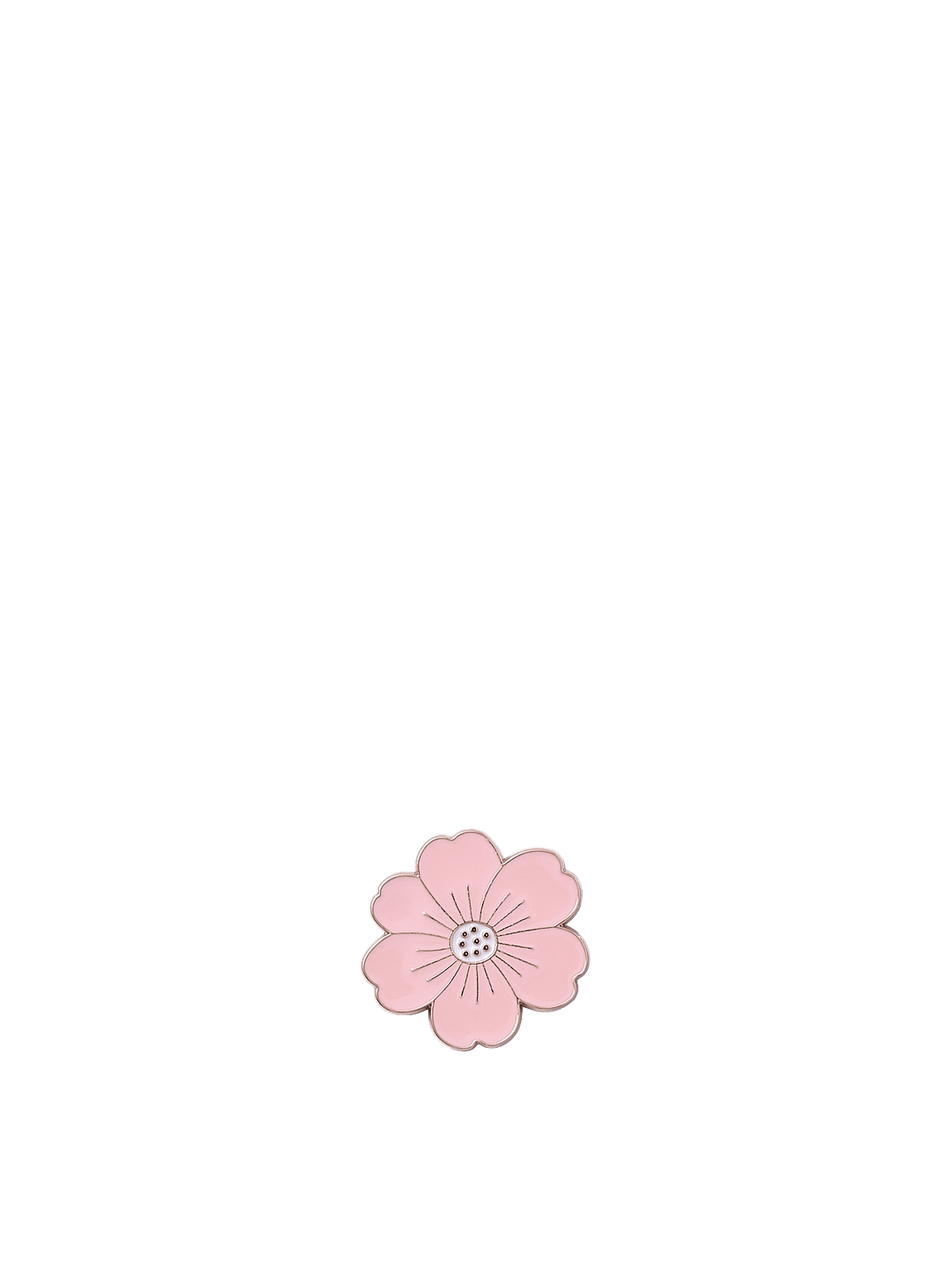 Poppy & Peonies Enamel Pin featuring a soft pink five-petal flower with a darker pink centre.