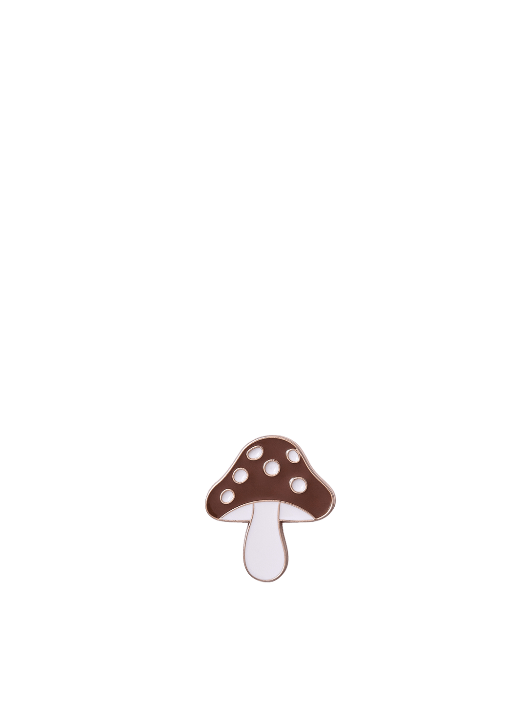 Poppy & Peonies Enamel Pin featuring a brown mushroom with white spots and a cream-coloured stem.