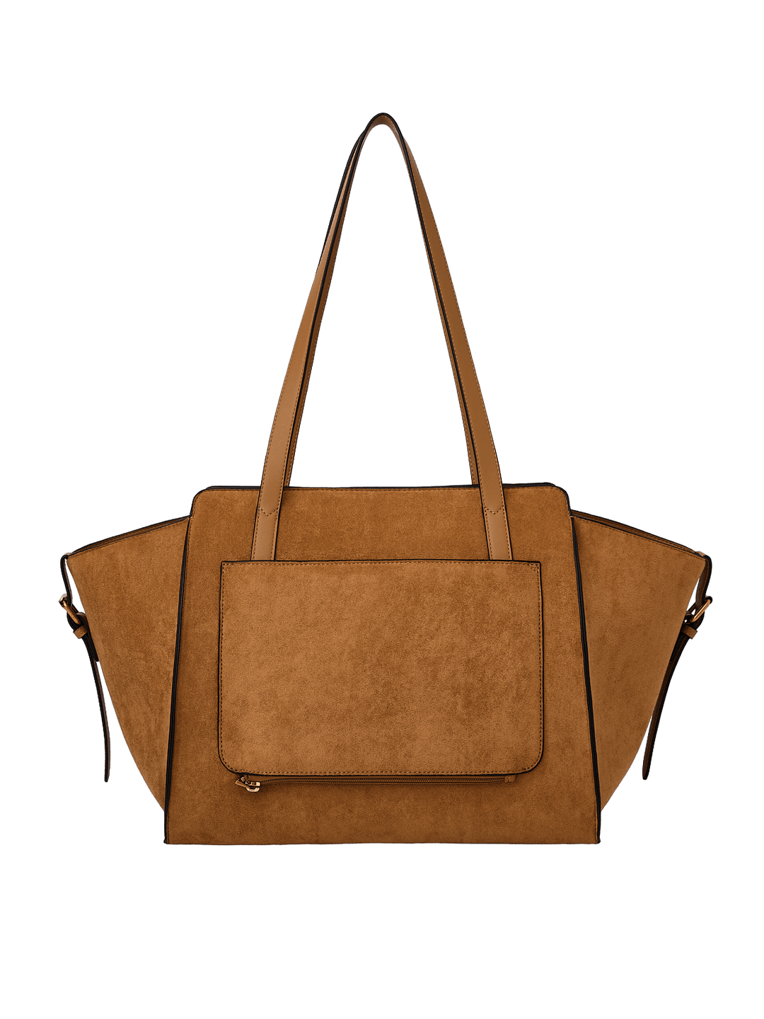 Poppy & Peonies Avenue Tote in Cognac Suede back view, featuring long shoulder straps, a structured silhouette and exterior slip pocket.