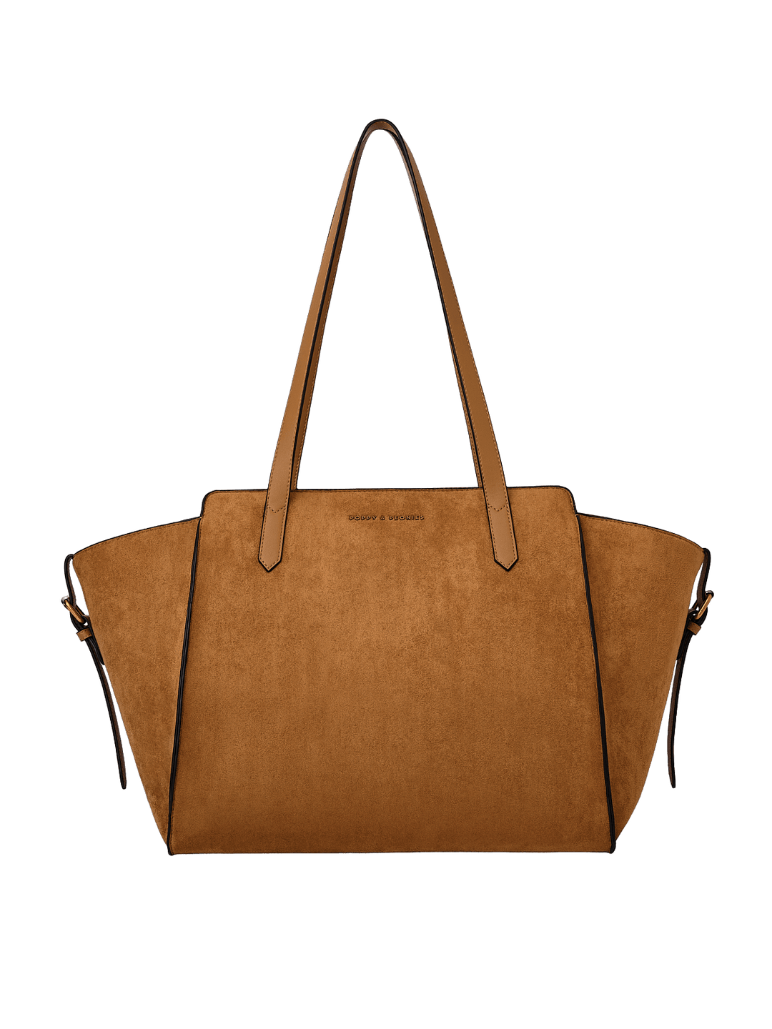 Poppy & Peonies Avenue Tote in Cognac Suede front view, featuring a structured silhouette, long shoulder straps and signature logo.