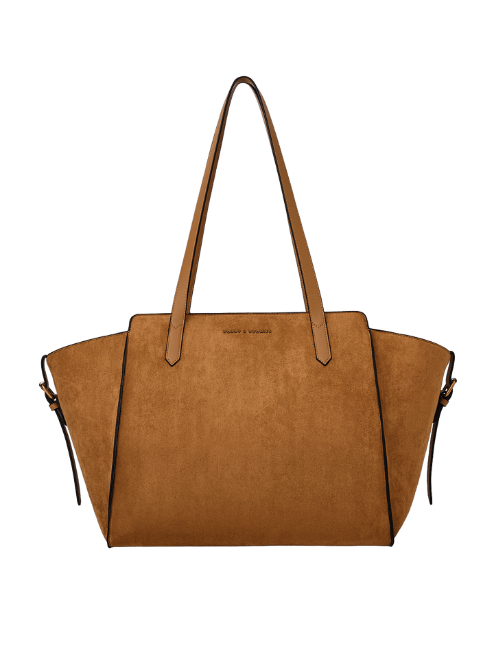 Poppy & Peonies Avenue Tote in Cognac Suede front view, featuring a structured silhouette, long shoulder straps and signature logo.