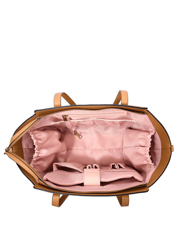 Poppy & Peonies Avenue Tote in Cognac Suede open top view, showcasing the spacious blush-pink lined interior and organized compartments.