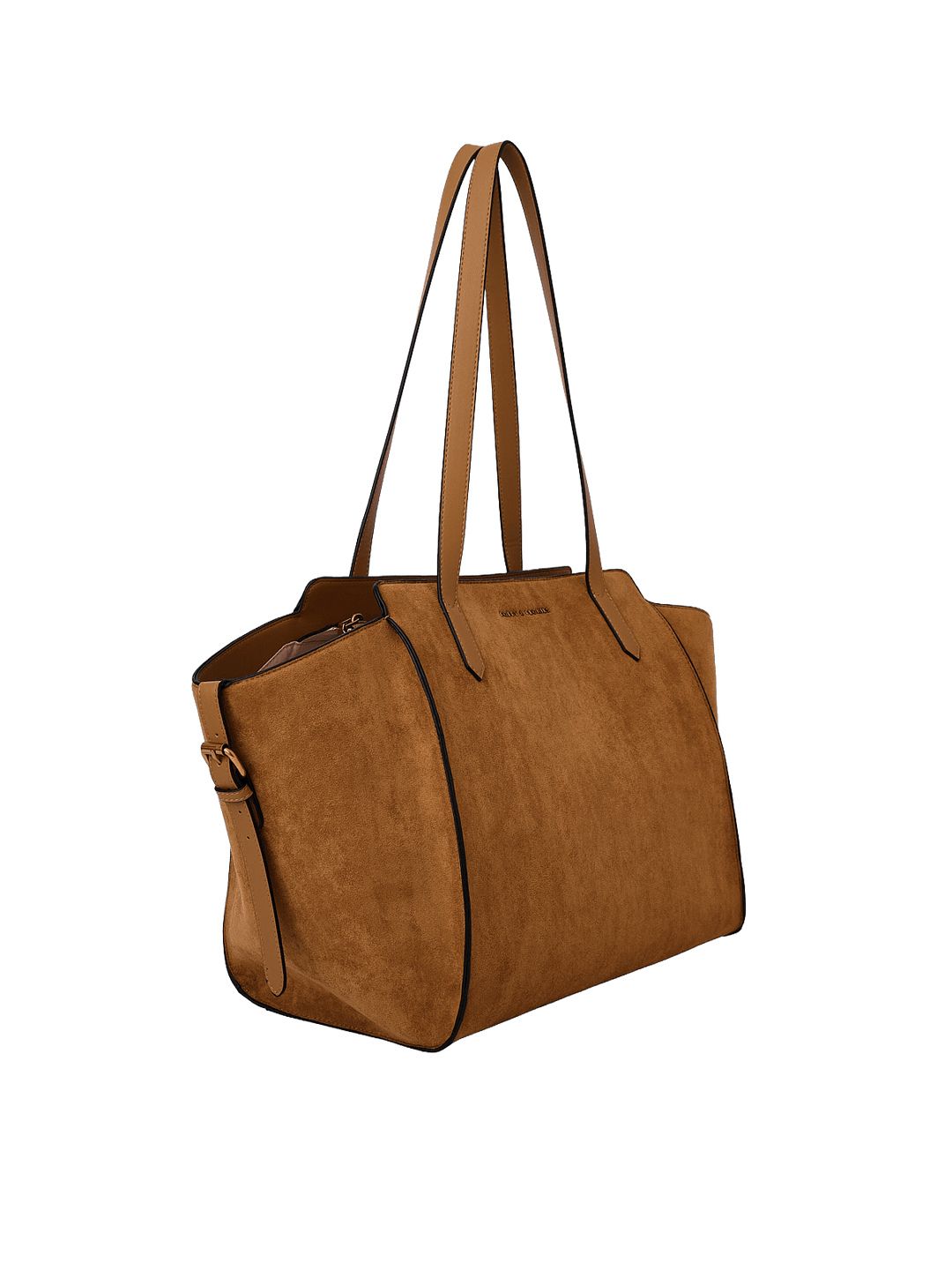 Poppy & Peonies Avenue Tote in Cognac Suede angled side view, highlighting the structured shape, long shoulder straps and soft suede exterior.