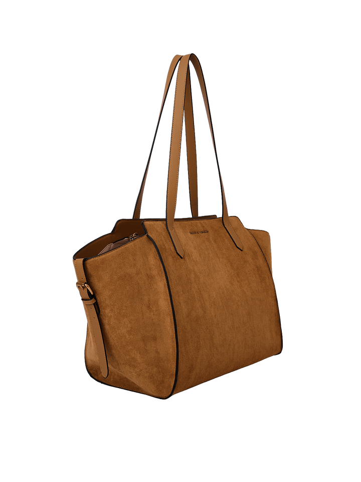 Poppy & Peonies Avenue Tote in Cognac Suede angled side view, highlighting the structured shape, long shoulder straps and soft suede exterior.