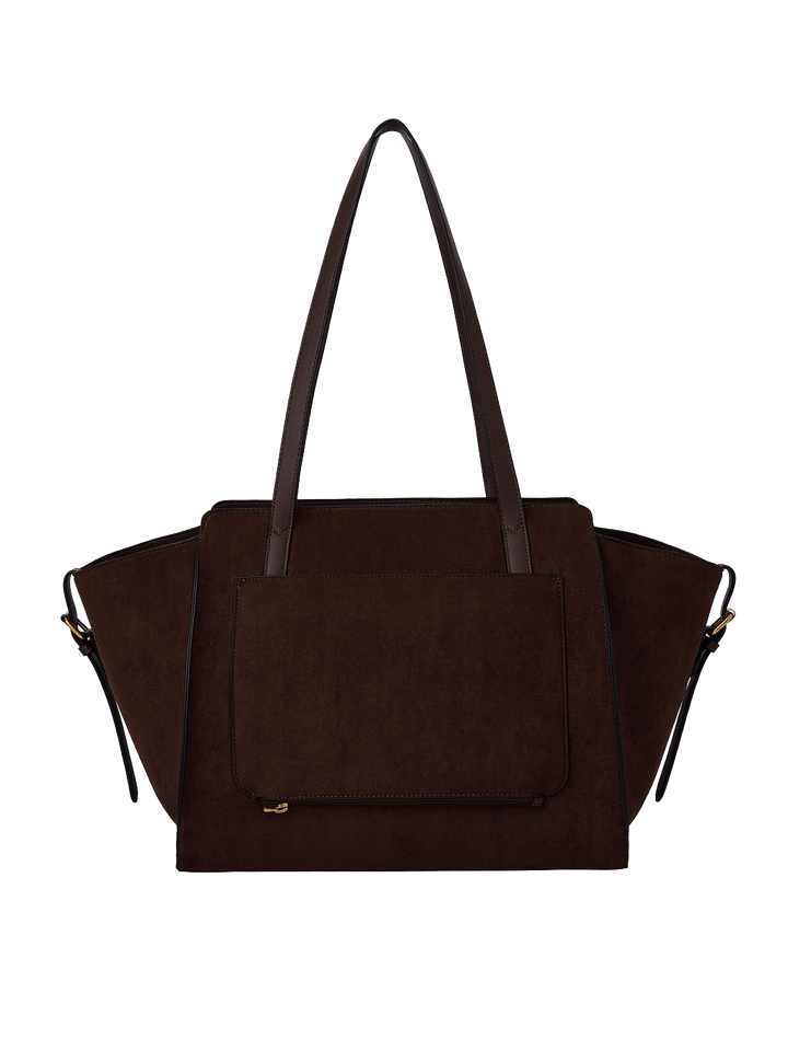 Poppy & Peonies Avenue Tote in Espresso Suede back view, featuring long shoulder straps, a structured silhouette and exterior slip pocket.