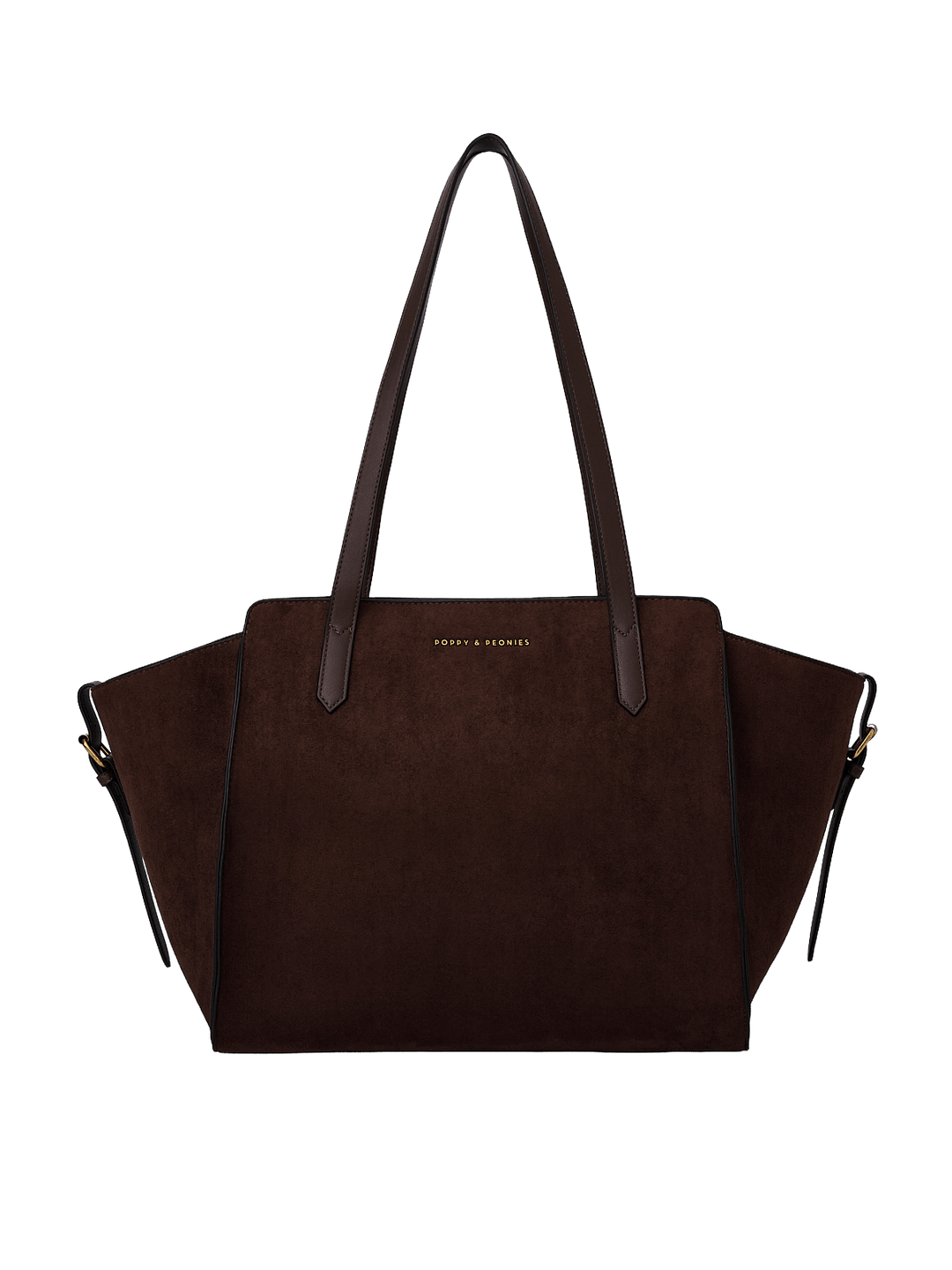 Poppy & Peonies Avenue Tote in Espresso Suede front view, featuring a structured silhouette, long shoulder straps and signature logo.