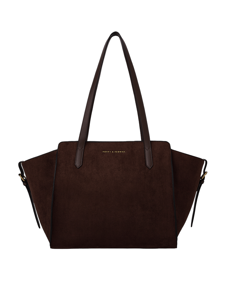 Poppy & Peonies Avenue Tote in Espresso Suede front view, featuring a structured silhouette, long shoulder straps and signature logo.