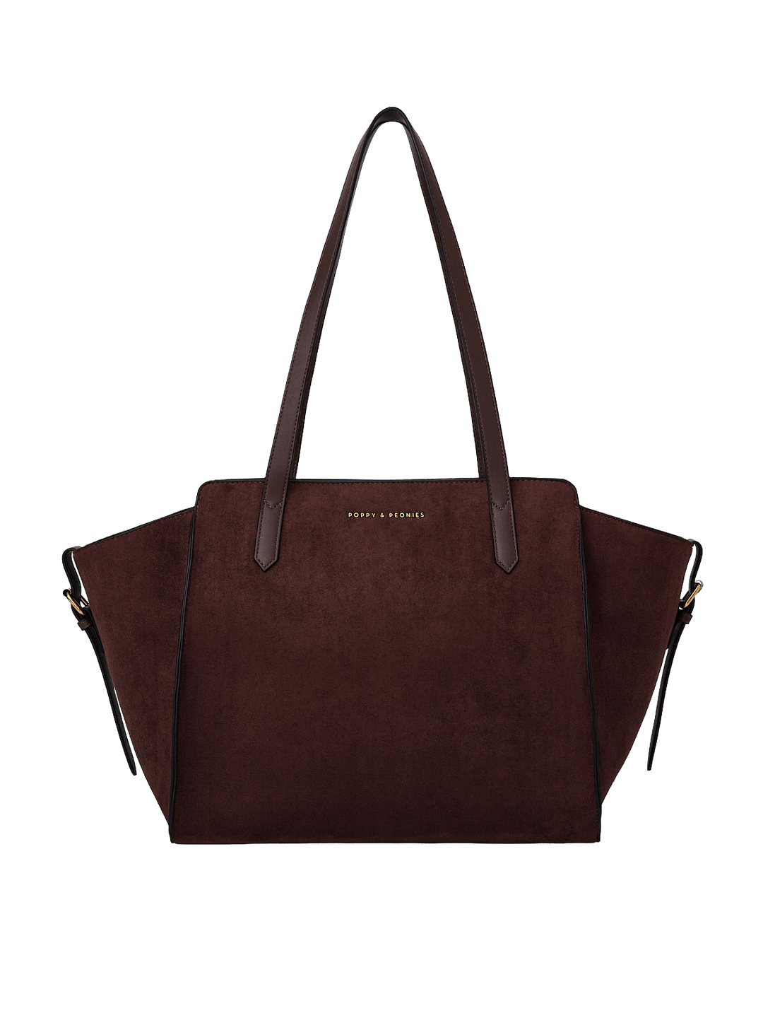Poppy & Peonies Avenue Tote in Espresso Suede front view, featuring a structured silhouette, long shoulder straps and signature logo.