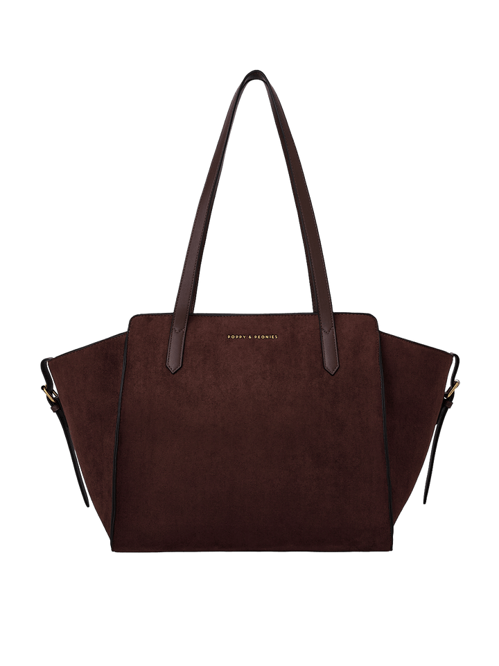 Poppy & Peonies Avenue Tote in Espresso Suede front view, featuring a structured silhouette, long shoulder straps and signature logo.