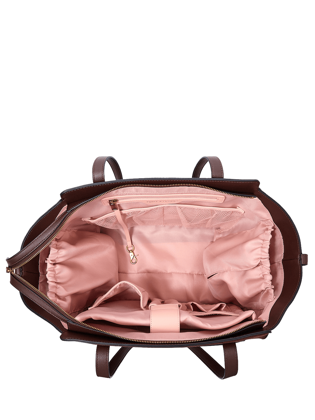 Poppy & Peonies Avenue Tote in Espresso Suede open top view, showcasing the spacious blush-pink lined interior and organized compartments.