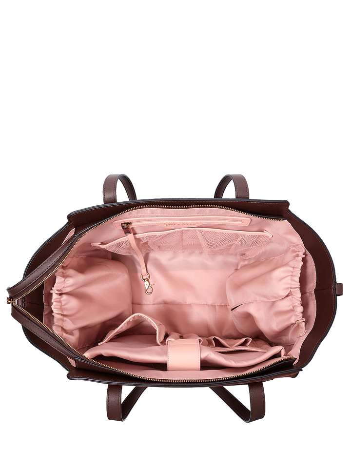 Poppy & Peonies Avenue Tote in Espresso Suede open top view, showcasing the spacious blush-pink lined interior and organized compartments.