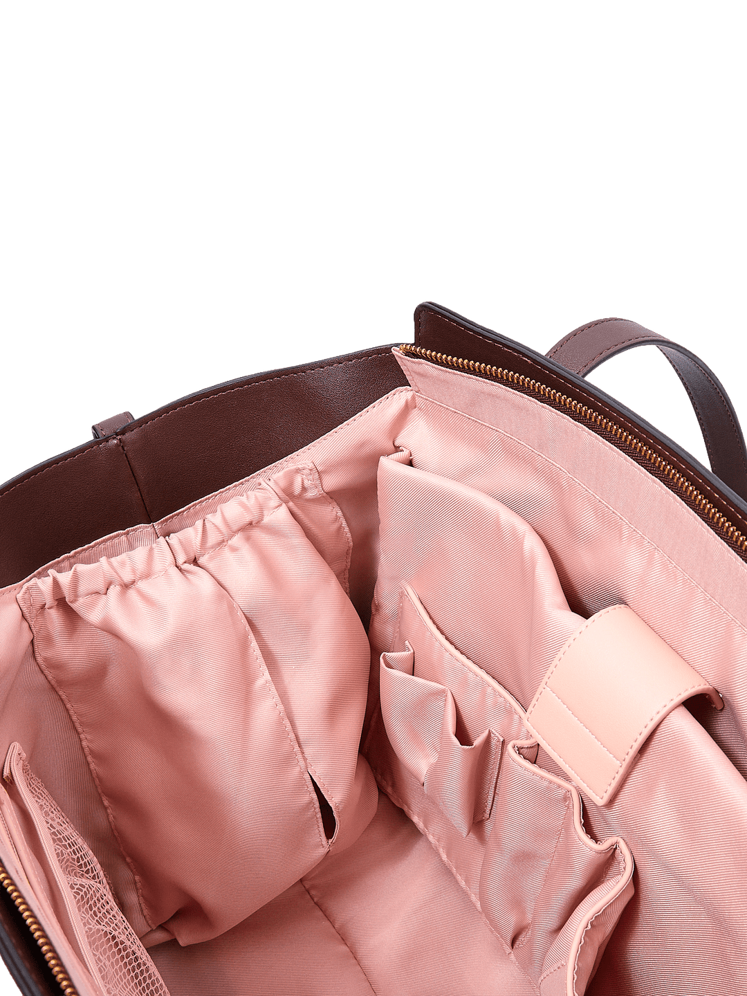 Poppy & Peonies Avenue Tote in Espresso Suede interior close-up, highlighting elasticized pockets and multiple slip pockets for organized storage.