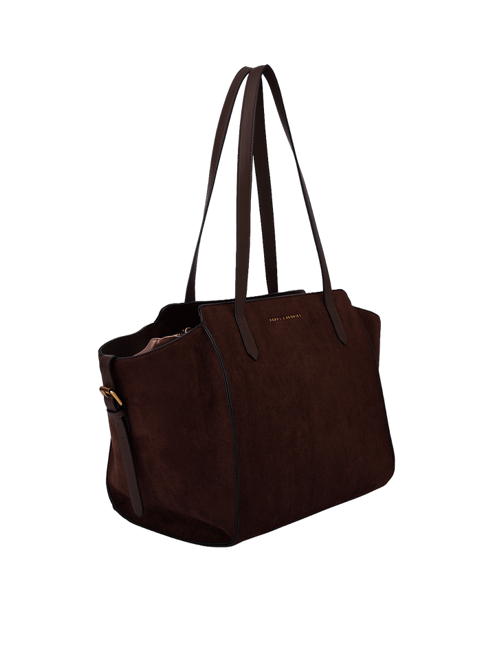 Poppy & Peonies Avenue Tote in Espresso Suede angled side view, highlighting the structured shape, long shoulder straps and soft suede exterior.
