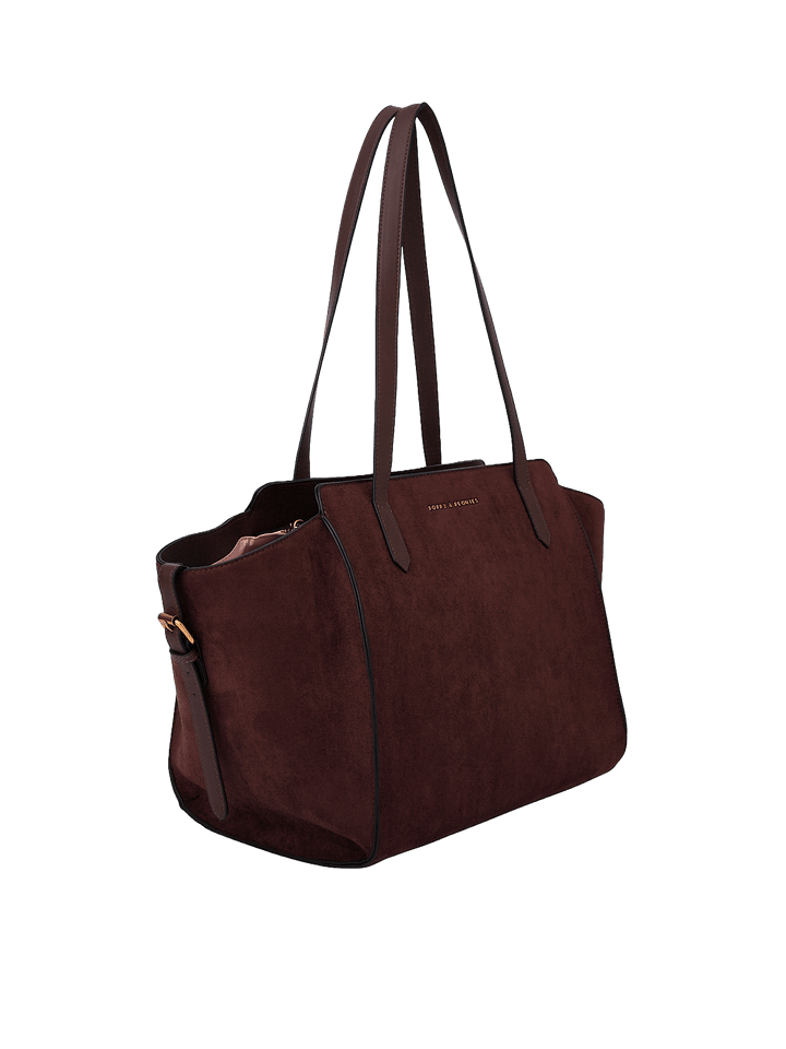 Poppy & Peonies Avenue Tote in Espresso Suede angled side view, highlighting the structured shape, long shoulder straps and soft suede exterior.