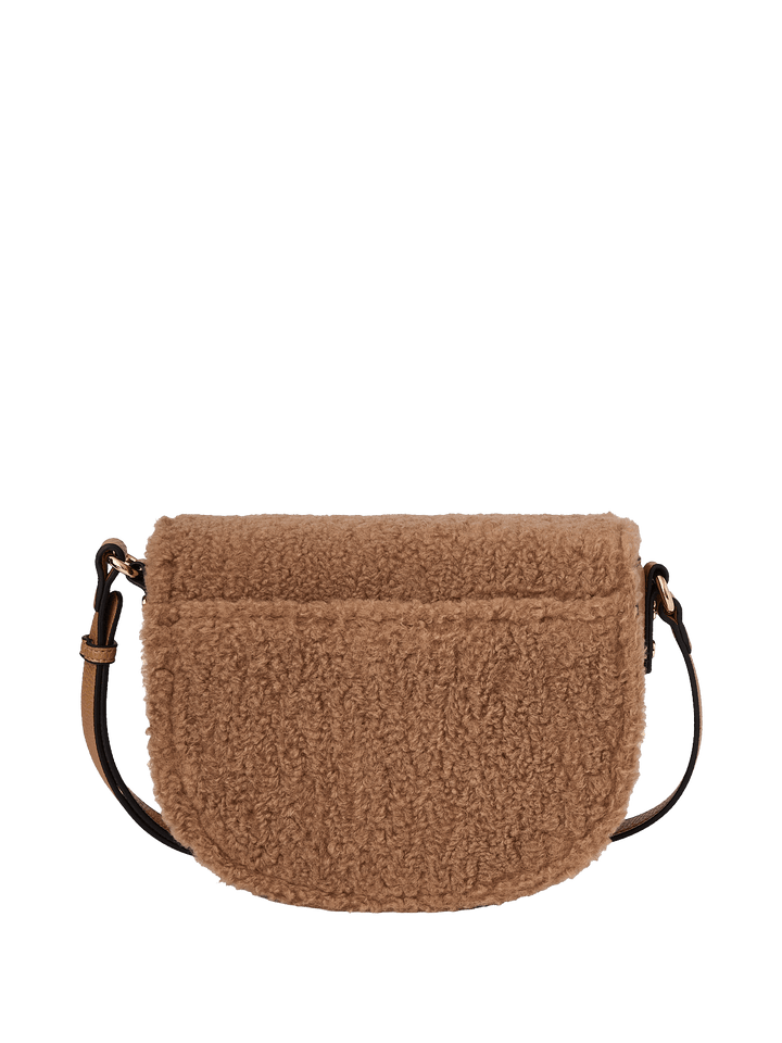 Brown faux fur crossbody bag with a vegan leather strap