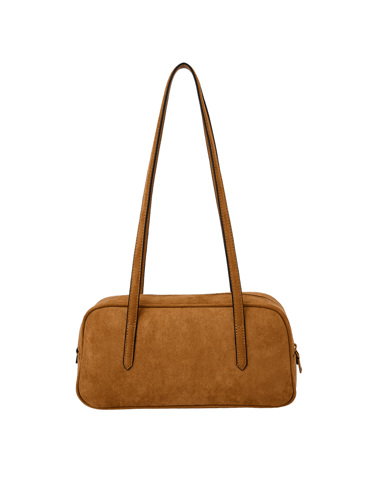 Poppy & Peonies The Friday Satchel in Cognac Suede back view, featuring a structured elongated silhouette and long shoulder straps.