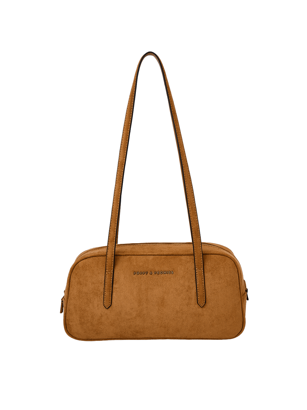 Poppy & Peonies The Friday Satchel in Cognac Suede front view, featuring long shoulder straps, a structured silhouette and signature gold-tone logo.