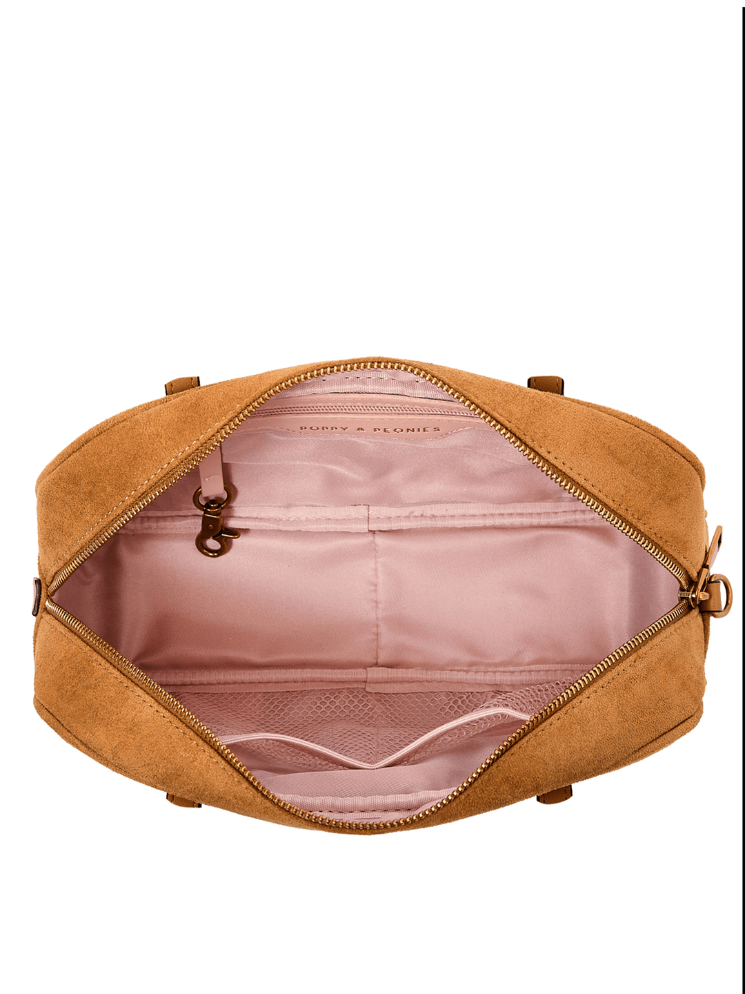 Poppy & Peonies The Friday Satchel in Cognac Suede open top view, showcasing the blush-pink lined interior with slip pockets, mesh pocket, zippered pocket and key clip.