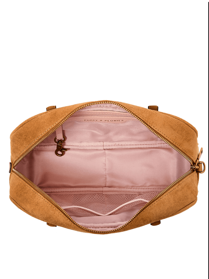 Poppy & Peonies The Friday Satchel in Cognac Suede open top view, showcasing the blush-pink lined interior with slip pockets, mesh pocket, zippered pocket and key clip.