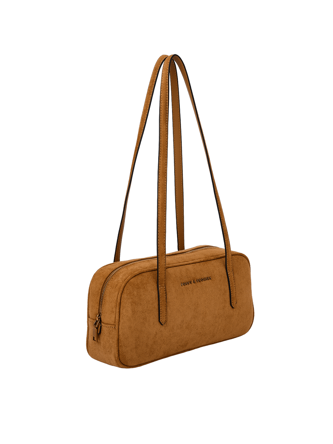 Poppy & Peonies The Friday Satchel in Cognac Suede angled side view, highlighting the slim structured shape, long shoulder straps and gold-tone zipper hardware.