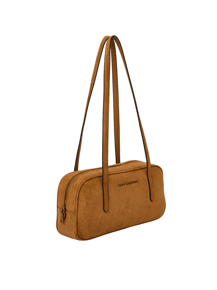 Poppy & Peonies The Friday Satchel in Cognac Suede angled side view, highlighting the slim structured shape, long shoulder straps and gold-tone zipper hardware.