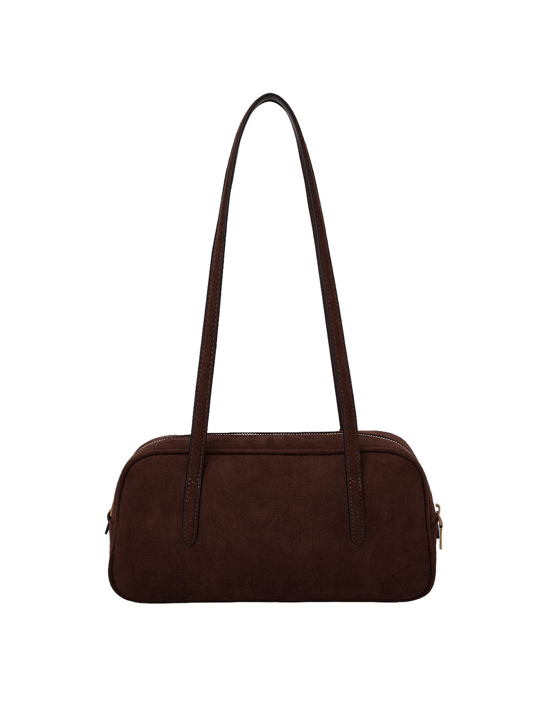 Poppy & Peonies The Friday Satchel in Espresso Suede back view, featuring a structured elongated silhouette and long shoulder straps.