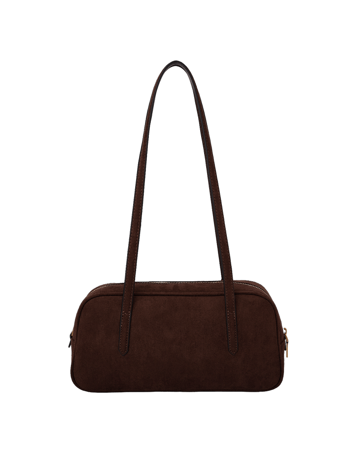 Poppy & Peonies The Friday Satchel in Espresso Suede back view, featuring a structured elongated silhouette and long shoulder straps.