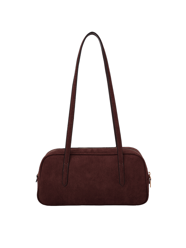 Poppy & Peonies The Friday Satchel in Espresso Suede back view, featuring a structured elongated silhouette and long shoulder straps.