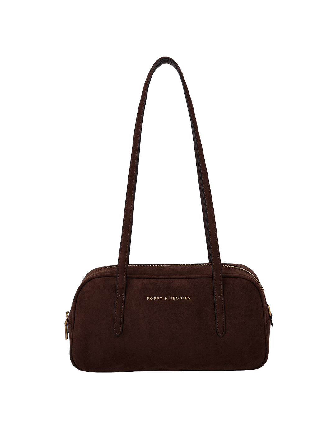 Poppy & Peonies The Friday Satchel in Espresso Suede front view, featuring long shoulder straps, a structured silhouette and signature gold-tone logo.
