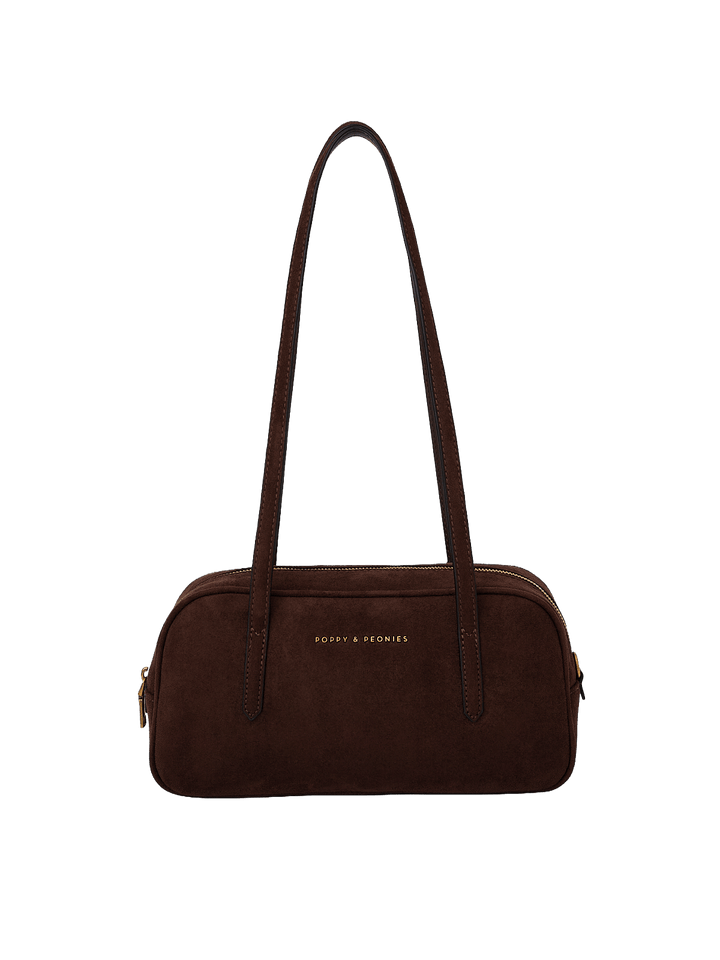 Poppy & Peonies The Friday Satchel in Espresso Suede front view, featuring long shoulder straps, a structured silhouette and signature gold-tone logo.