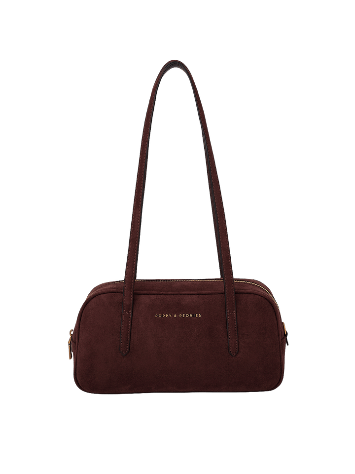 Poppy & Peonies The Friday Satchel in Espresso Suede front view, featuring long shoulder straps, a structured silhouette and signature gold-tone logo.