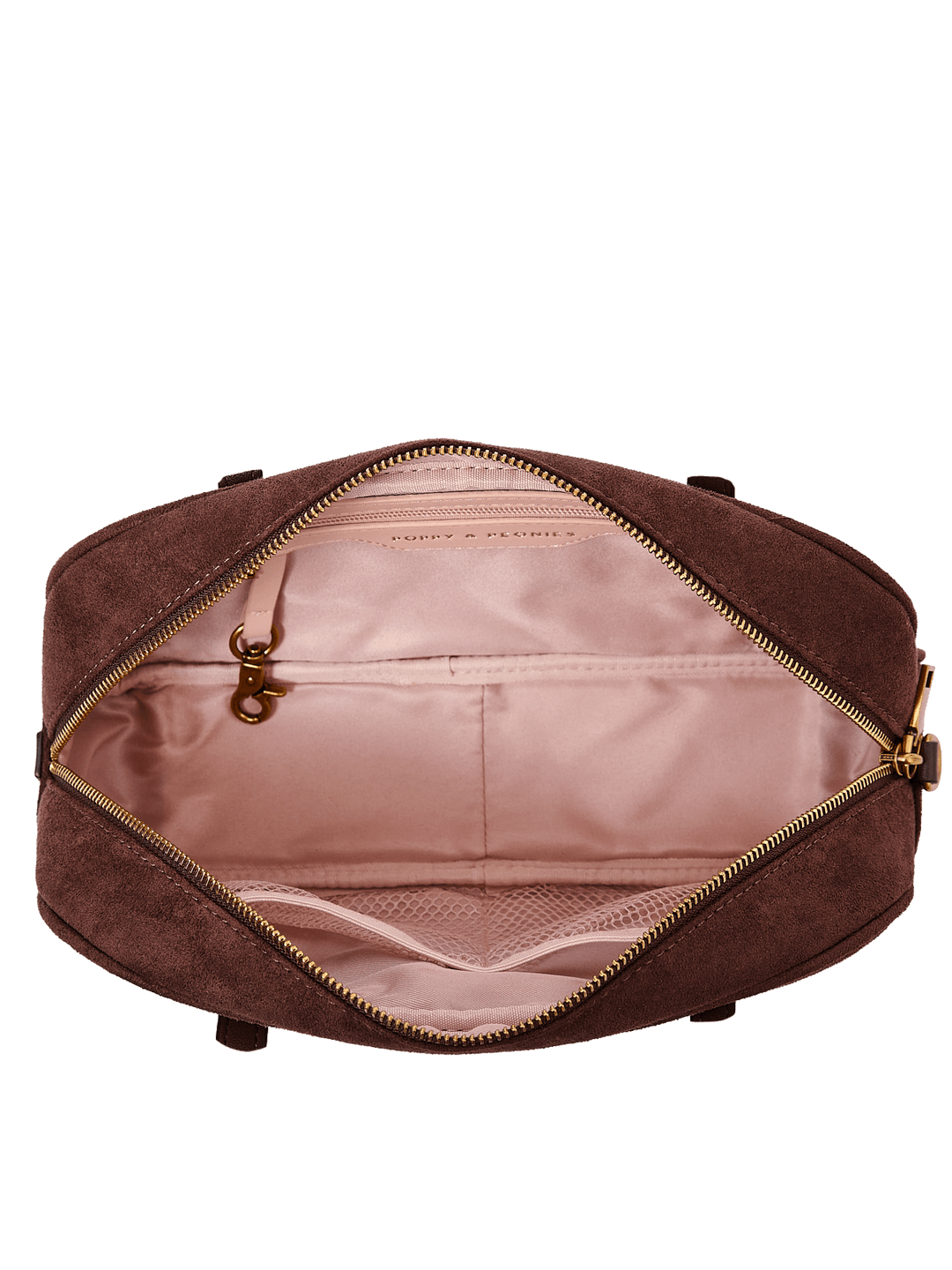 Poppy & Peonies The Friday Satchel in Espresso Suede open top view, showcasing the blush-pink lined interior with slip pockets, mesh pocket, zippered pocket and key clip.