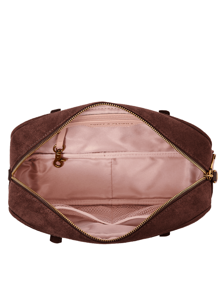 Poppy & Peonies The Friday Satchel in Espresso Suede open top view, showcasing the blush-pink lined interior with slip pockets, mesh pocket, zippered pocket and key clip.
