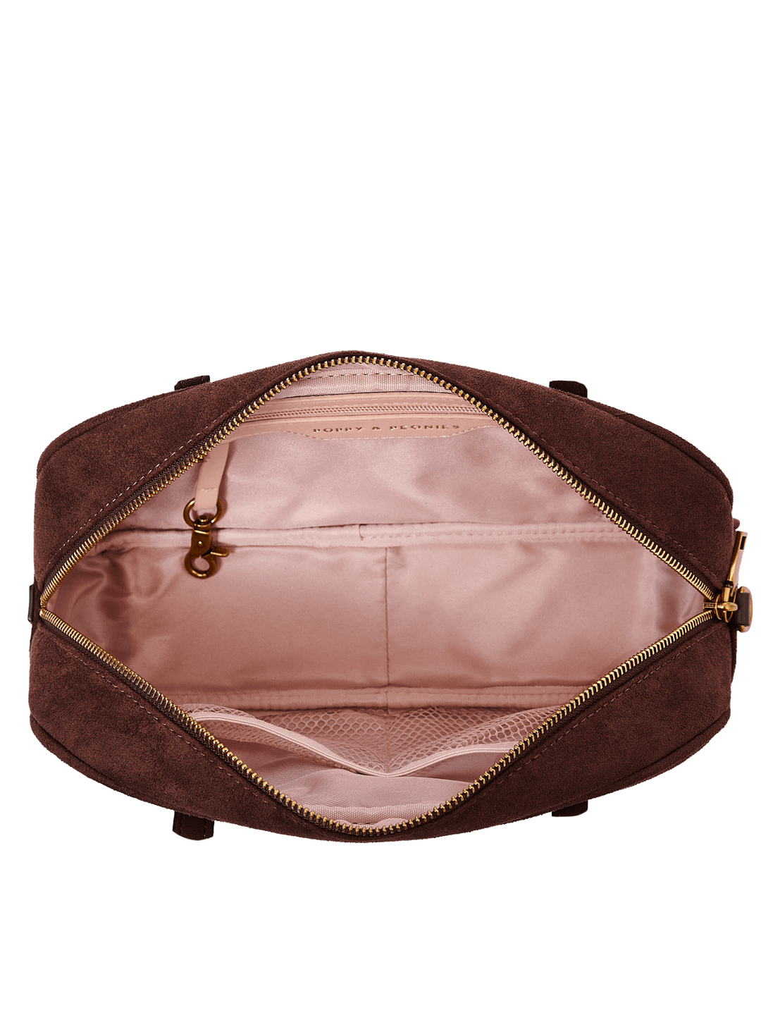 Poppy & Peonies The Friday Satchel in Espresso Suede open top view, showcasing the blush-pink lined interior with slip pockets, mesh pocket, zippered pocket and key clip.