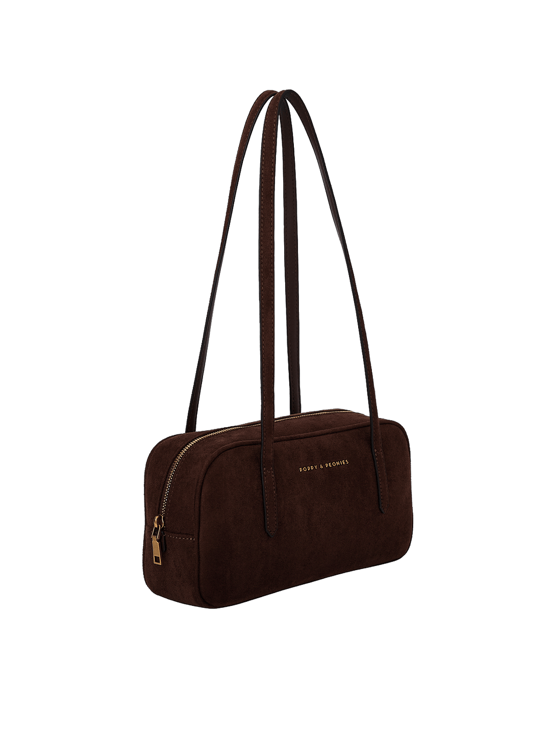 Poppy & Peonies The Friday Satchel in Espresso Suede angled side view, highlighting the slim structured shape, long shoulder straps and gold-tone zipper hardware.