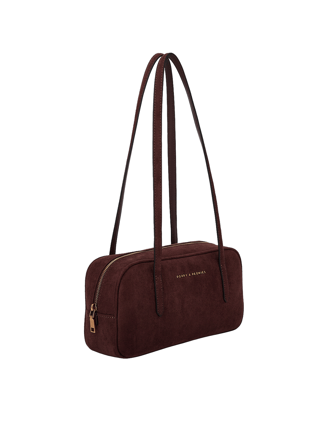 Poppy & Peonies The Friday Satchel in Espresso Suede angled side view, highlighting the slim structured shape, long shoulder straps and gold-tone zipper hardware.