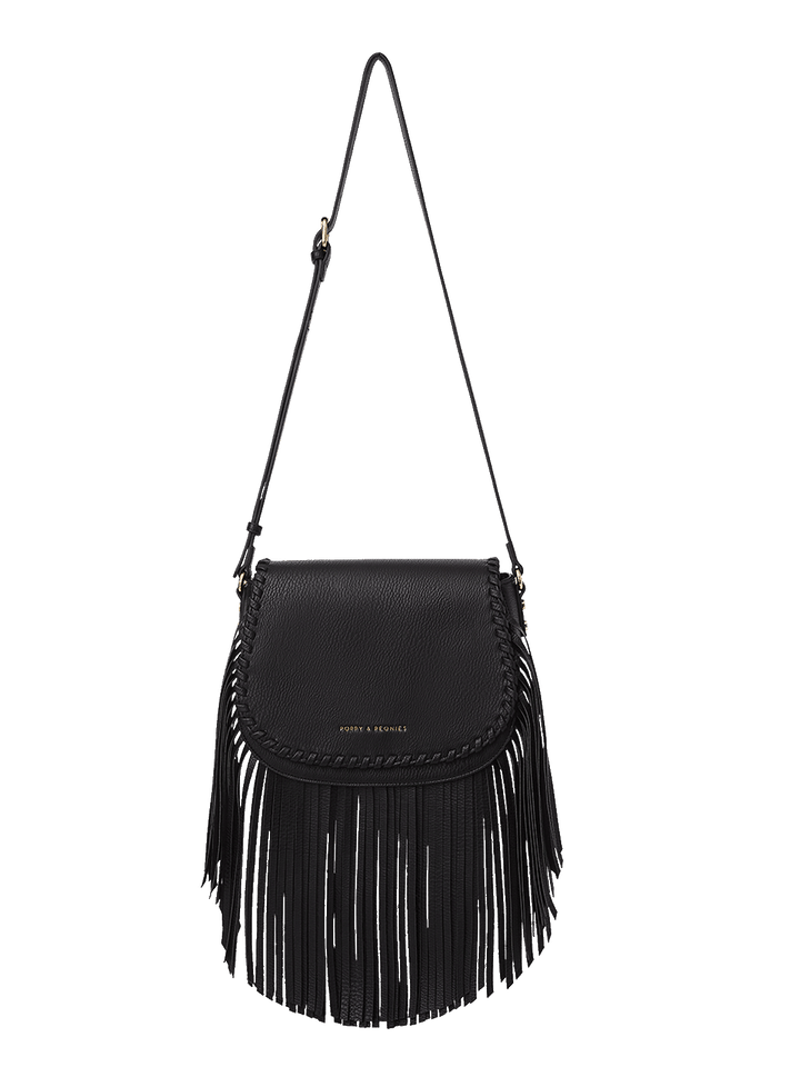 Black leather handbag with fringe details.