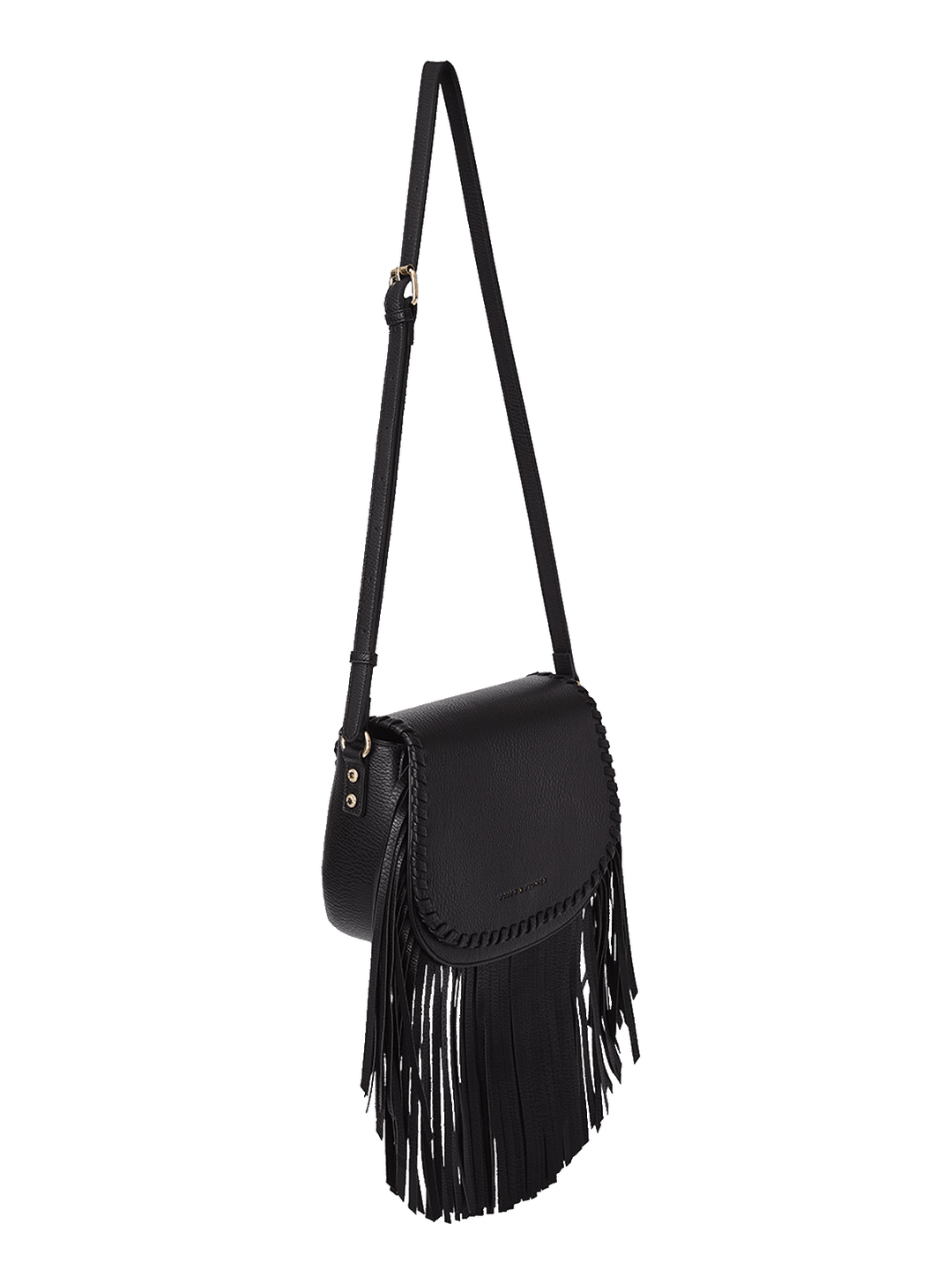 Black leather crossbody bag with fringe details on a transparent background
