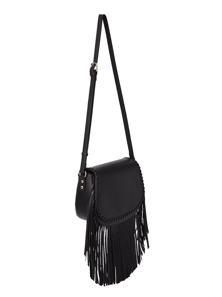 Black leather crossbody bag with fringe details on a transparent background