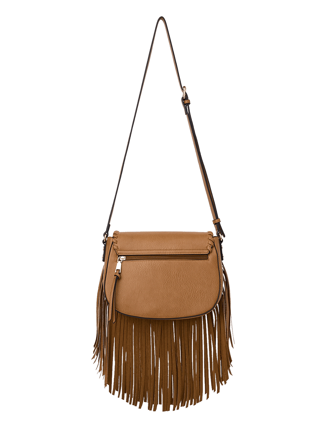 Brown leather handbag with fringe details on a transparent background