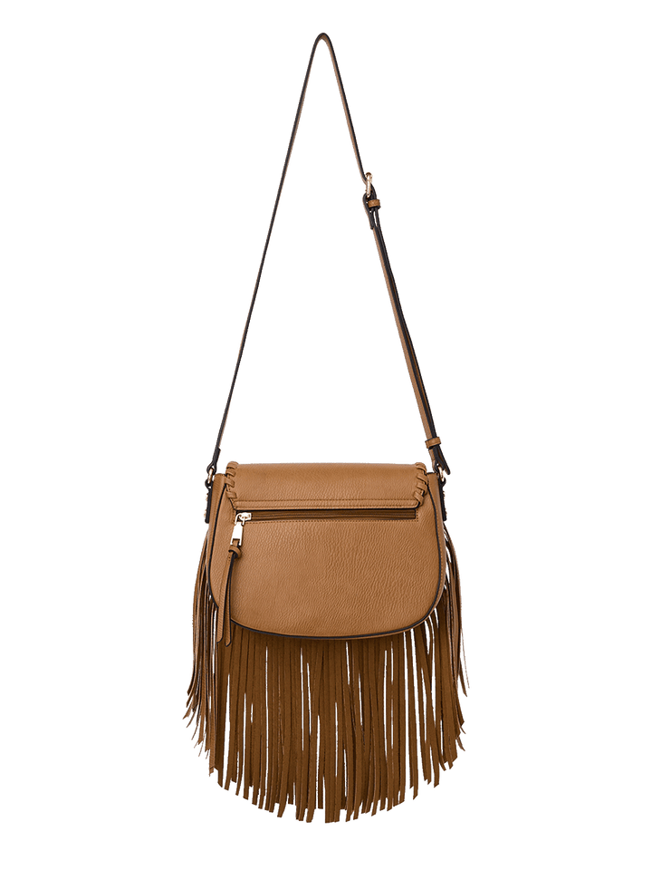 Brown leather handbag with fringe details on a transparent background