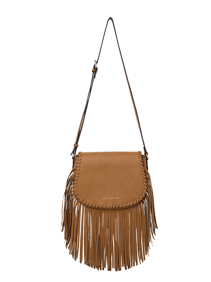 Brown suede handbag with fringe details on a transparent background