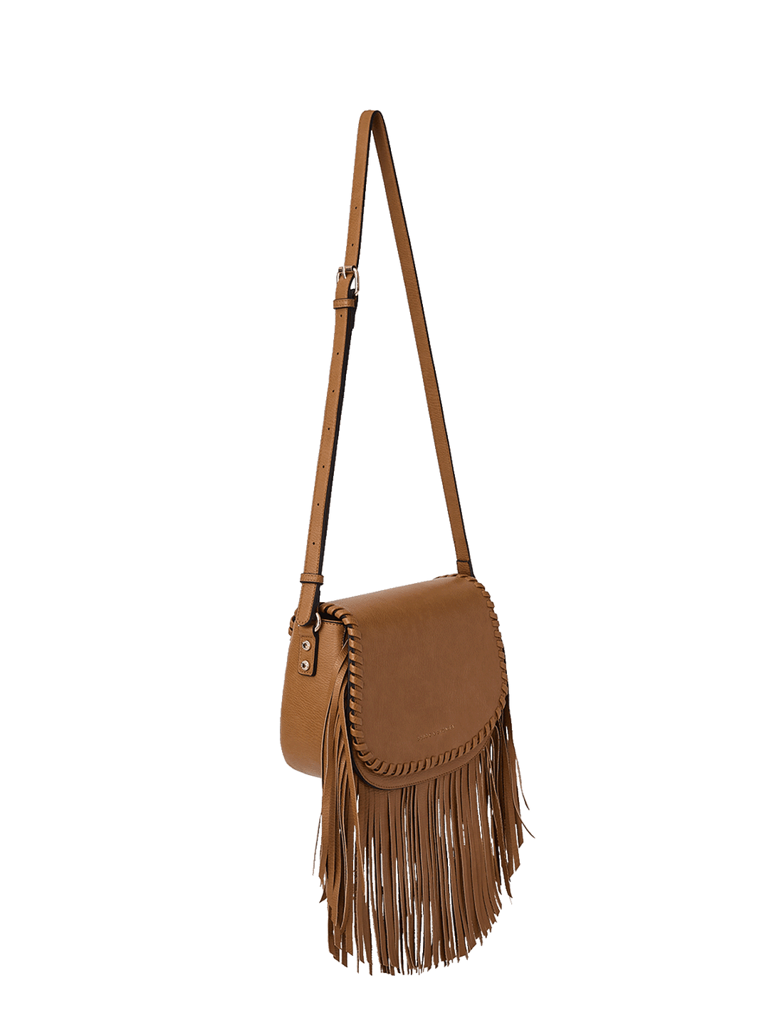 Brown leather crossbody bag with fringe details on a transparent background