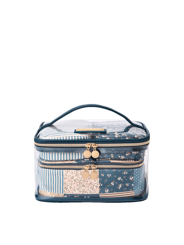 Getaway Cosmetic Set in Blue Patchwork with transparent travel case