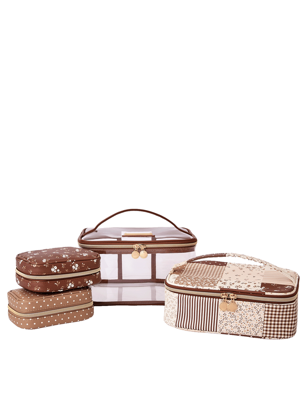 Getaway Cosmetic Set in Brown Patchwork including transparent case, jewelry case, tech organizer, and cosmetic pouch